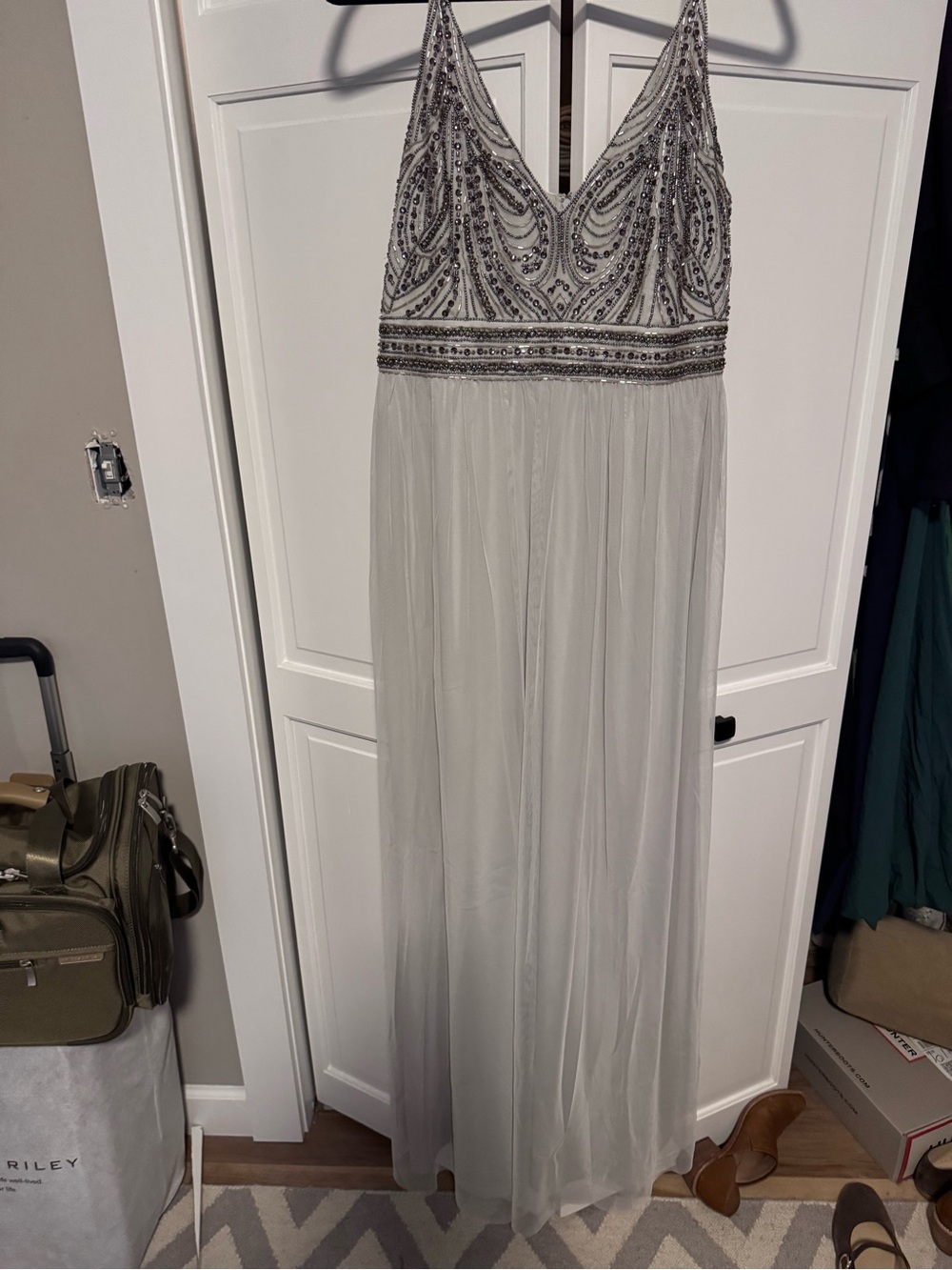 BHLDN Beaded V-Neck Silver Maxi Dress